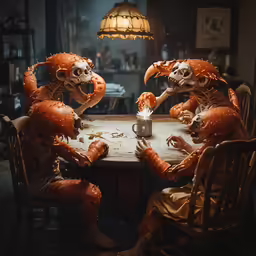 two skeletons playing around a table with their hands