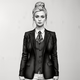 a woman with black blazer and tie in a drawing