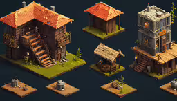 various styles of buildings made up of wooden pieces,five different screens of buildings on the top and bottom of them