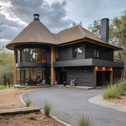 an exotic house with a round driveway and a fire place