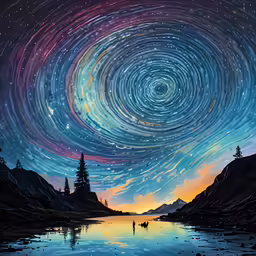 a painting of a star filled sky with trees and water