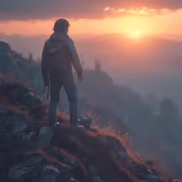 the man is overlooking a sunset while standing on a mountaintop