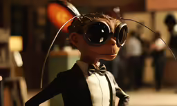 a stuffed animal with goggles and a bowtie