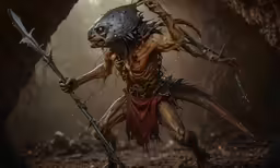 an artist painting a monster holding two large, metal poles