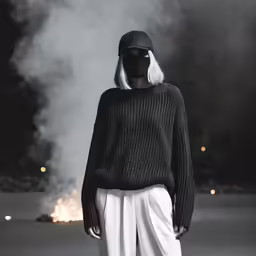 a woman with white hair and black sweater and mask