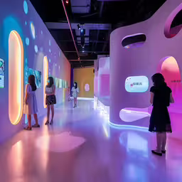 people in a brightly lit room with large circles,people are walking around a futuristic gallery at an exhibition