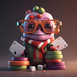a nerdy little kid with orange glasses playing dice and a set of cards