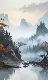 some trees are standing in the water with some fog