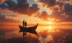 a man and woman standing on a boat while the sun goes down