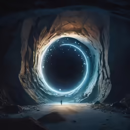 a person is standing in front of a glowing tunnel with lights