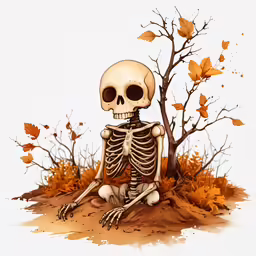 a skeleton sits on the ground under a tree