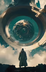 a person standing on top of a building in front of a circle of clouds