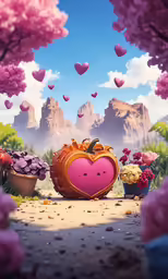 a heart - shaped pillow is set on a path
