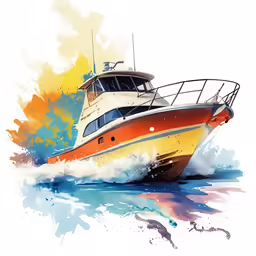 a yellow boat speeds across the water in orange and blue colors