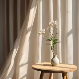 a small vase with white flowers on a small wooden table