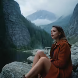 a woman in boots sitting on rocks near water