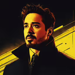 a portrait of avengers, iron man,a close up of a person wearing a suit and tie