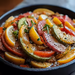 a black pan with sliced up vegetables in it
