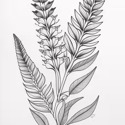 a plant that is growing in a vase,drawing of leaves and stems by the hand,the botanical plant drawing is on display,a pencil drawing of two plants that are on paper,some drawings of flowers and leaves that are drawn in pencil