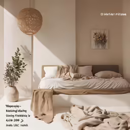 a bedroom with some pillows on the ground