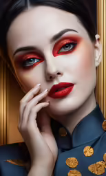 a woman in an oriental dress, with red eye shadow and lipstick