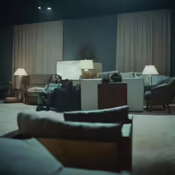 man seated on sofa in living room with dark background
