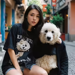 a young woman and a dog sitting on the ground