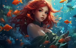 a redhead haired girl is under water surrounded by fish