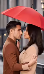 young couple with red umbrella standing on a city street