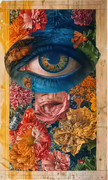 a painting of an eye and a bouquet of flowers