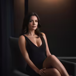 a woman in a black dress is sitting on a grey chair