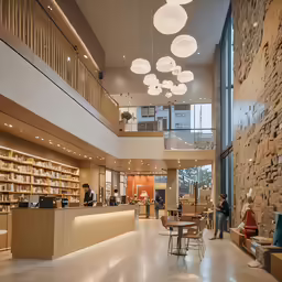 inside view of a library with a stone wall and several people standing