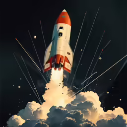 a drawing of a spaceship flies through the clouds