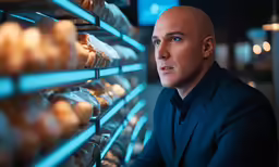 the man is leaning against the rack with pastries