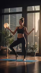 a woman doing yoga while looking at the camera