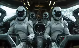 two people in futuristic suits in front of a car