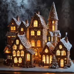 a lighted up gingerbread fairy house