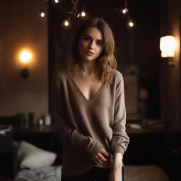 a young woman is standing in front of the bed