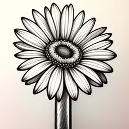 pencil drawing of a sunflower in black and white,the drawing is of a white flower in black ink
