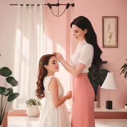 a girl is helping another girl get her hair put on