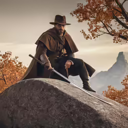 a man wearing a cape and holding a sword sits on a rock