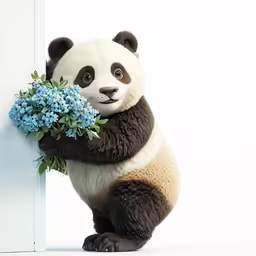 a panda bear holding a bunch of blue flowers