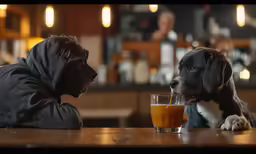 a man and a dog at the bar with an orange juice in front