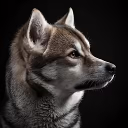 a husky dog profile shot against a black background
