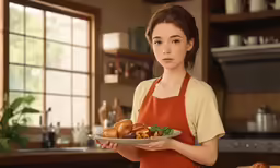 a woman holding food standing in a kitchen