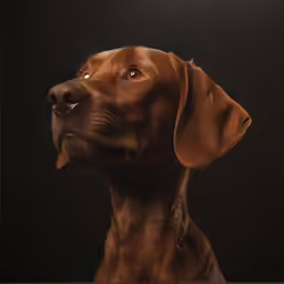a dog is looking up at something dark
