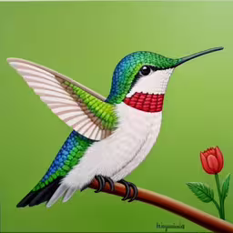 a painting of a hummingbird sitting on a tree branch,a painting of a hummingbird perched on a branch,a painting of a colorful hummingbird perched on a branch,a colorful hummingbird on a branch near a flower,a green bird on a branch with a flower