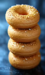 a stack of doughnuts is on a shiny surface