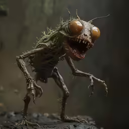 a creepy looking robot walks down the street