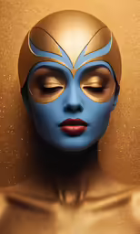 a blue and gold painted face in front of a wall
